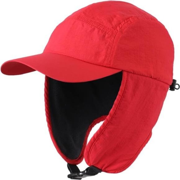 Mens Winter Hat with Brim Fleece Earflaps Hat Red